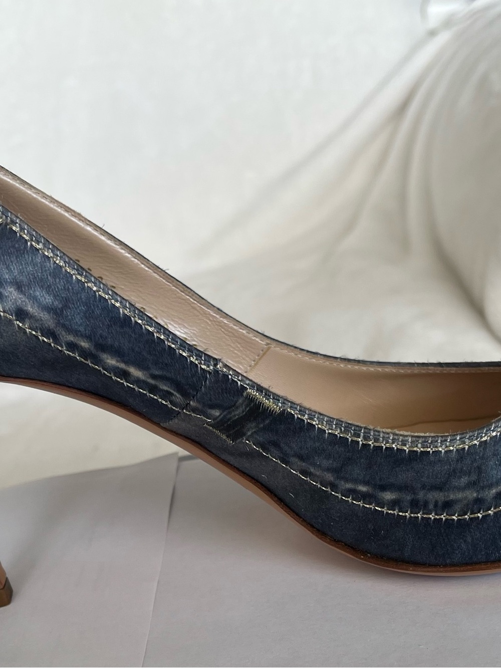 Casadei Denim-Textured Blue Pointed Toe Pump